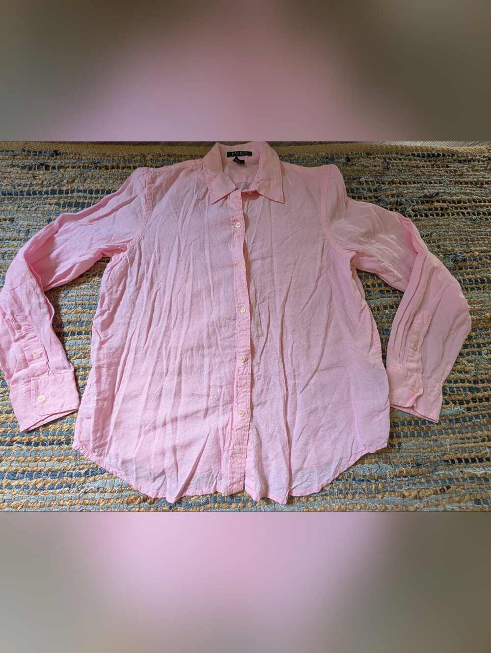 Vtg Lauren Ralph Lauren Linen Button Up Shirt L Pink L/S Preppy Classic - Picture 2 of 7